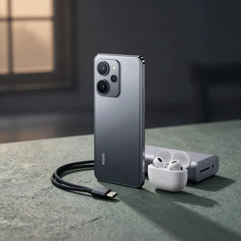 Yağmurlu şafakta telefon, kılıf, kablo, kulaklık ve power bank ile premium ürün sahnesi